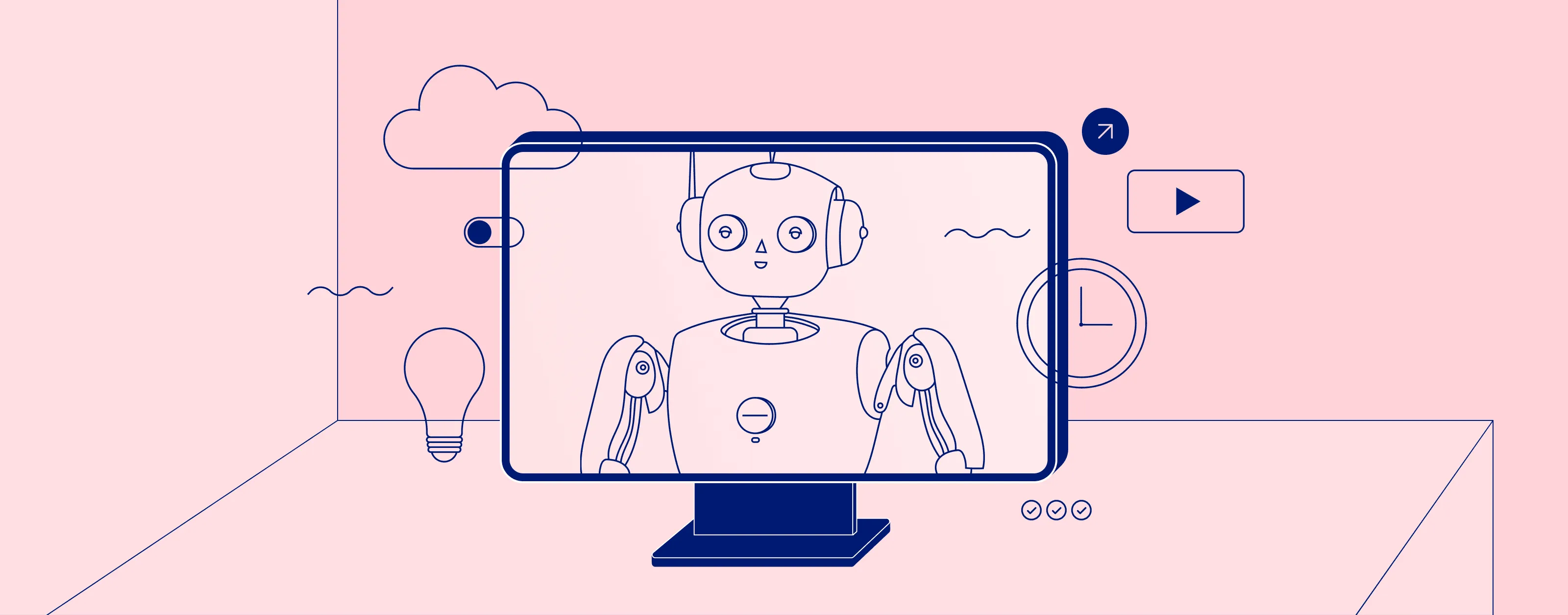 Robot on a monitor in a room with clock and play icons