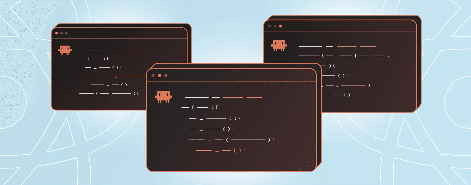 Three code editor windows with Android icons
