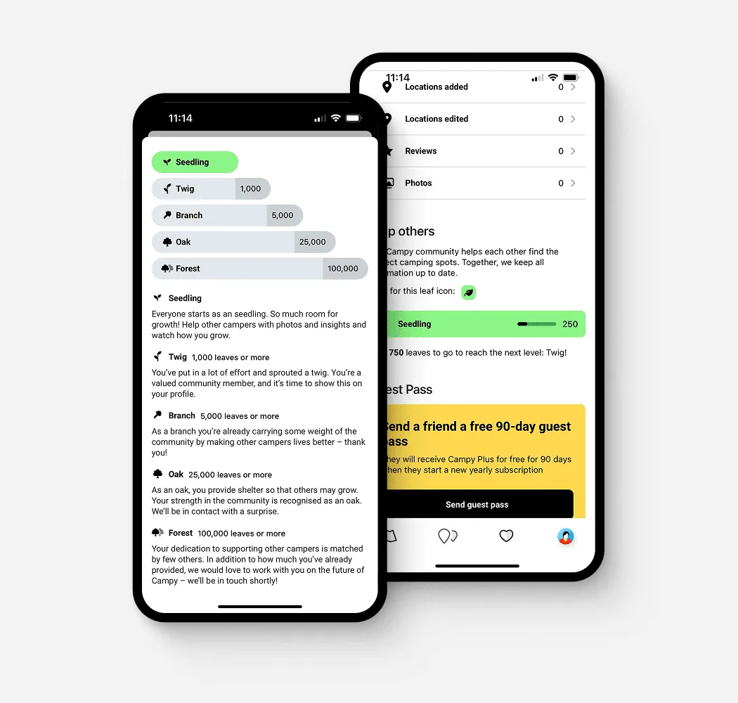 Campy account screen with a reward popup for sharing the app