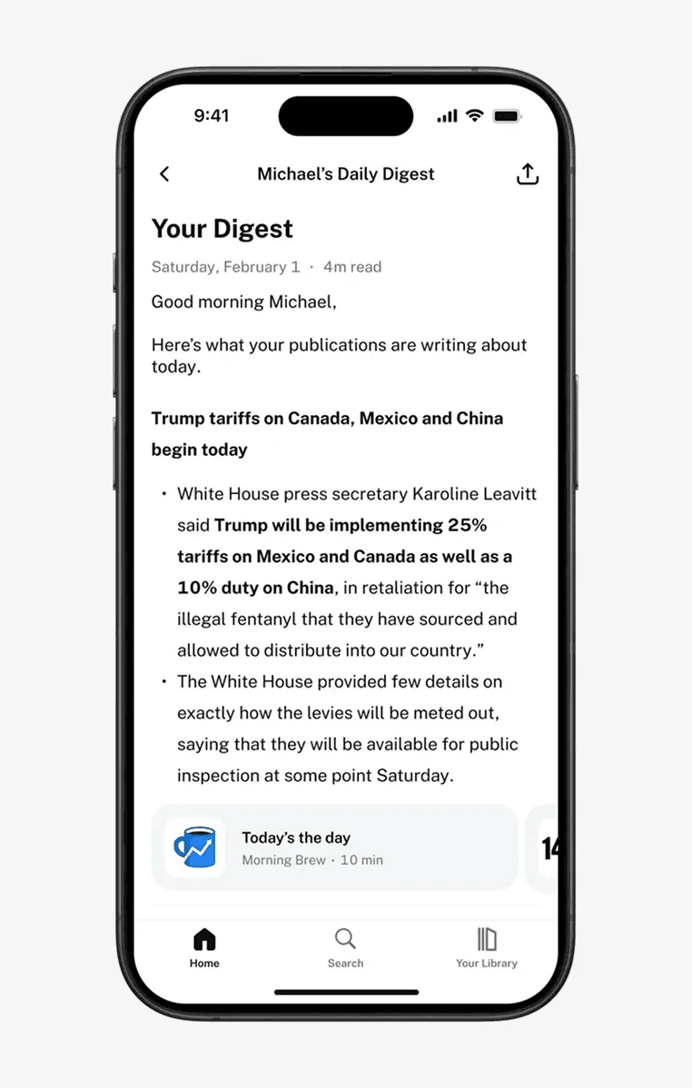 Perch daily digest screen summarizing news with bullet points about tariffs on Canada, Mexico, and China