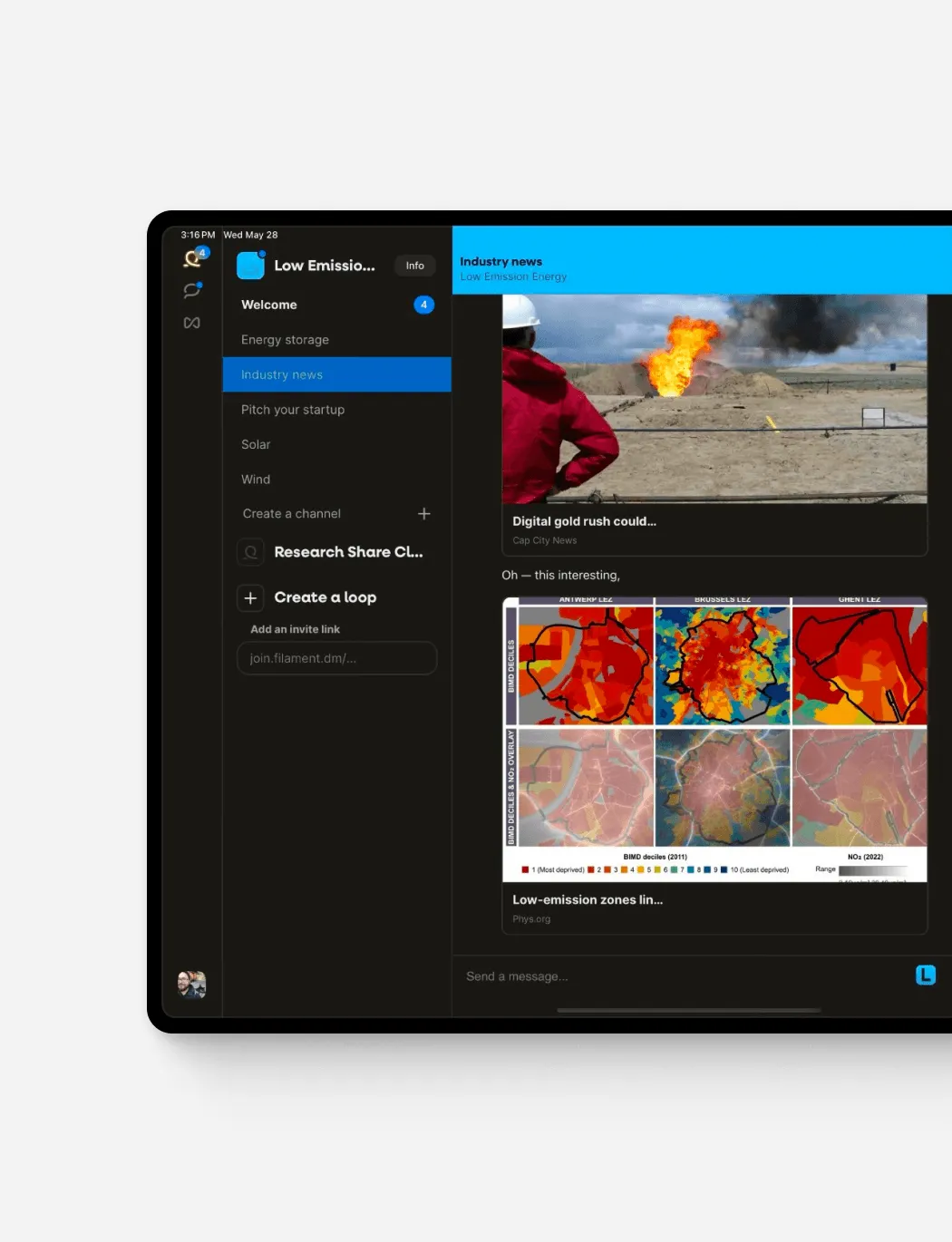Filament desktop workspace with channels on the left and industry news cards in the main feed