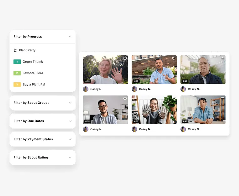 dscout screen with progress filters beside a grid of participant video responses