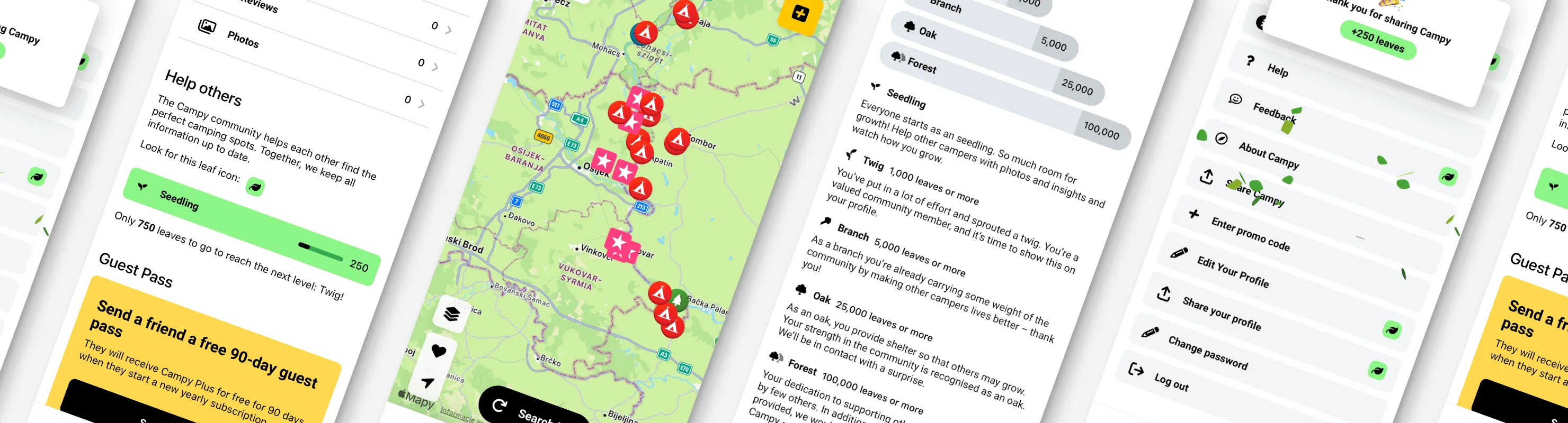 Campy app gallery showing map, community levels, and account screens