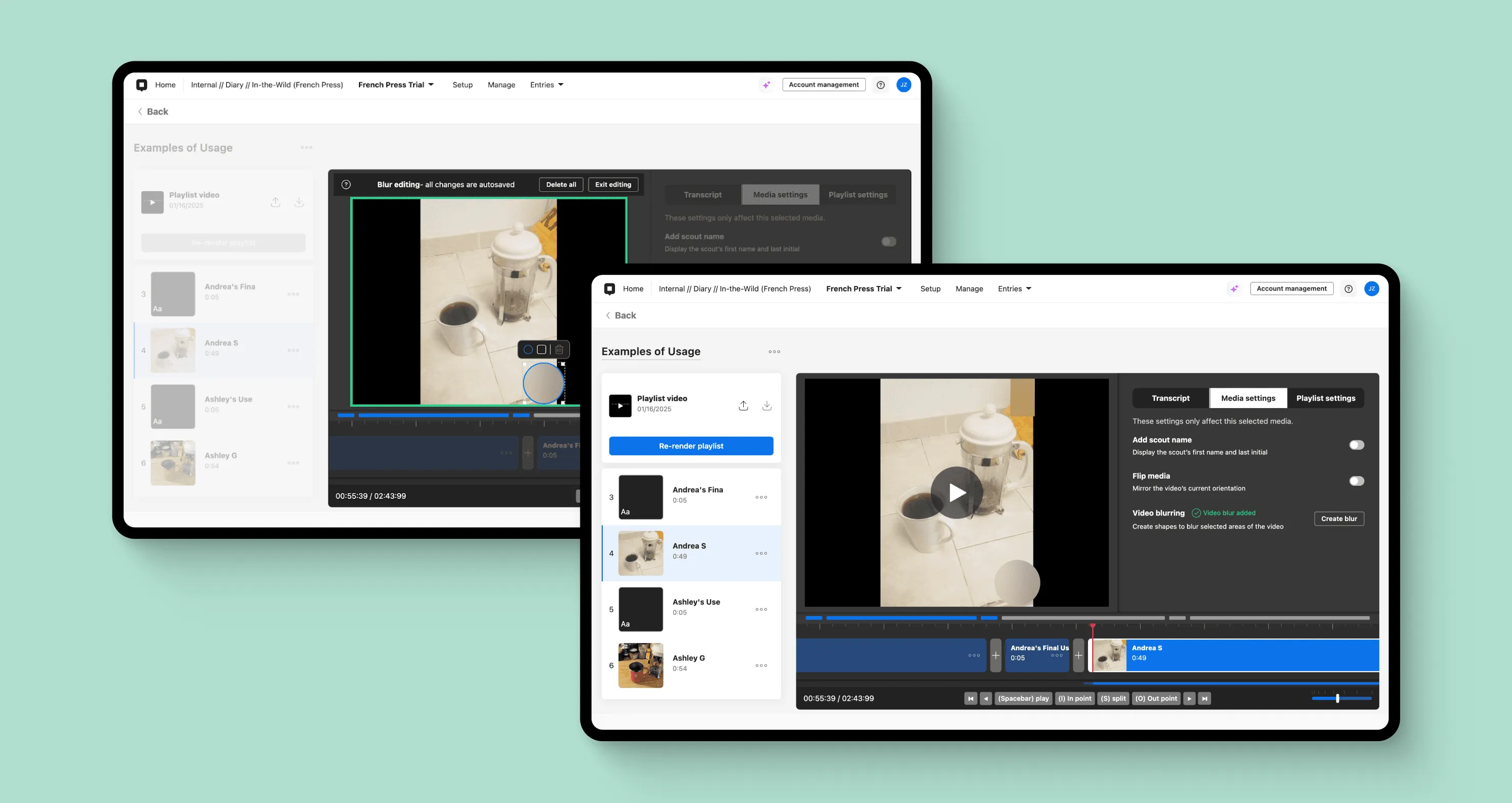 Before-and-after dscout video editor screens showing manual blur editing and the final blurred result in a playlist timeline