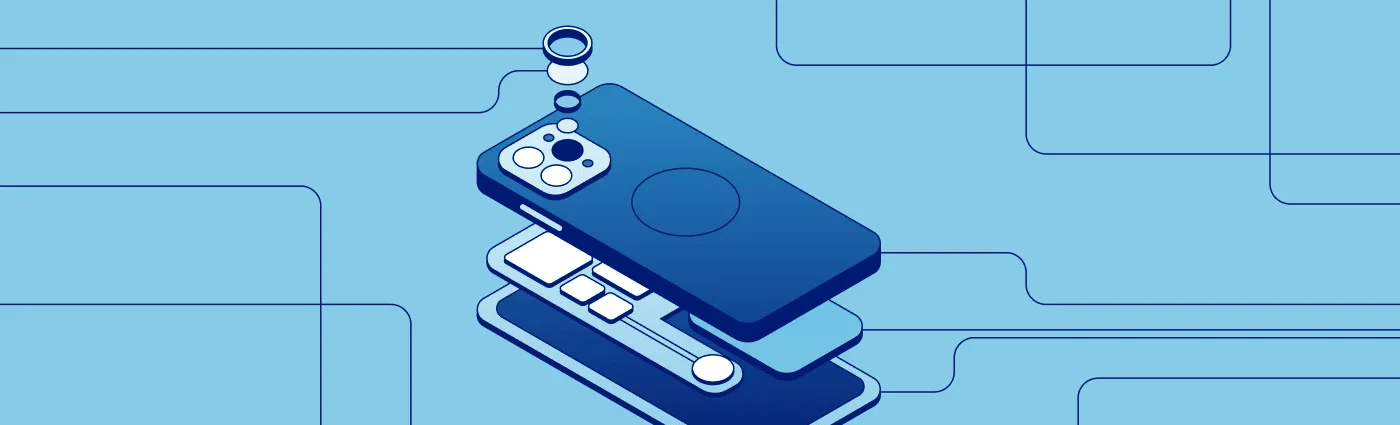 Exploded smartphone illustration with separated internal layers