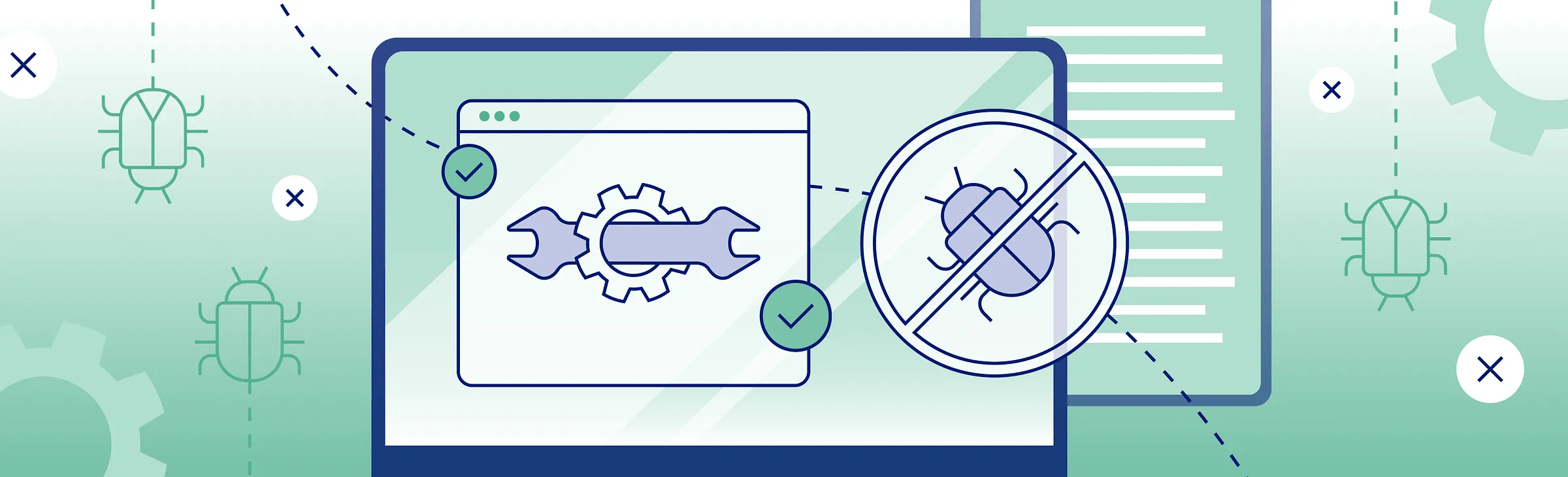 Debugging illustration with a laptop window, wrench and gear, bug icon, and check marks