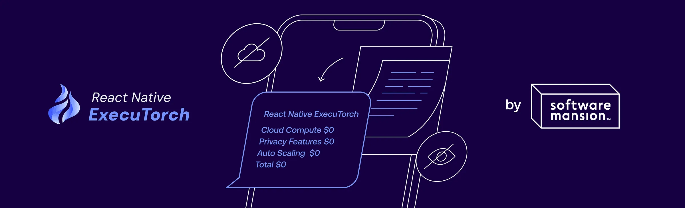 React Native ExecuTorch logo beside a phone bill graphic with crossed-out cloud and eye icons