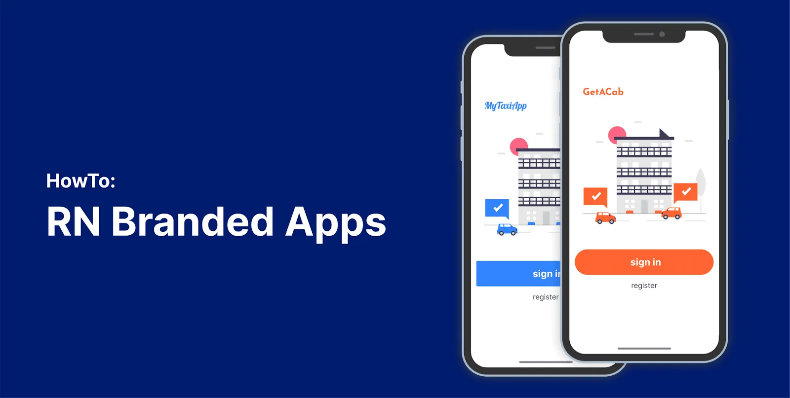 RN Branded Apps cover with two smartphone mockups
