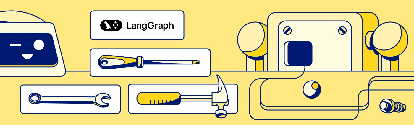 LangGraph tools illustration with robot parts and hand tools