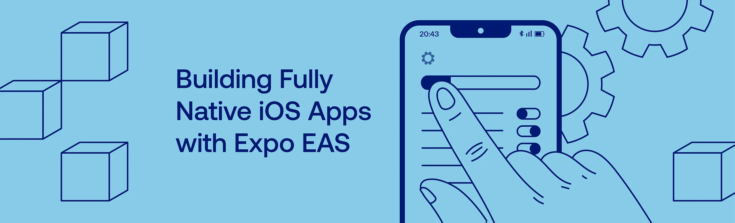 Hand configuring settings on an iPhone beside the title "Building Fully Native iOS Apps with Expo EAS"