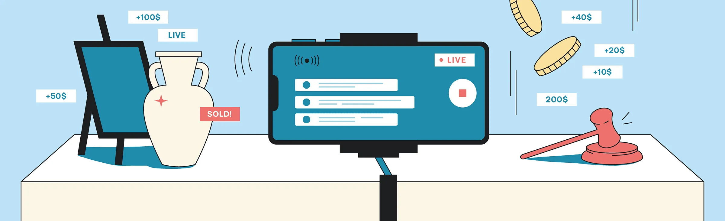 Live video auction illustration with a camera, vase, coins, and gavel