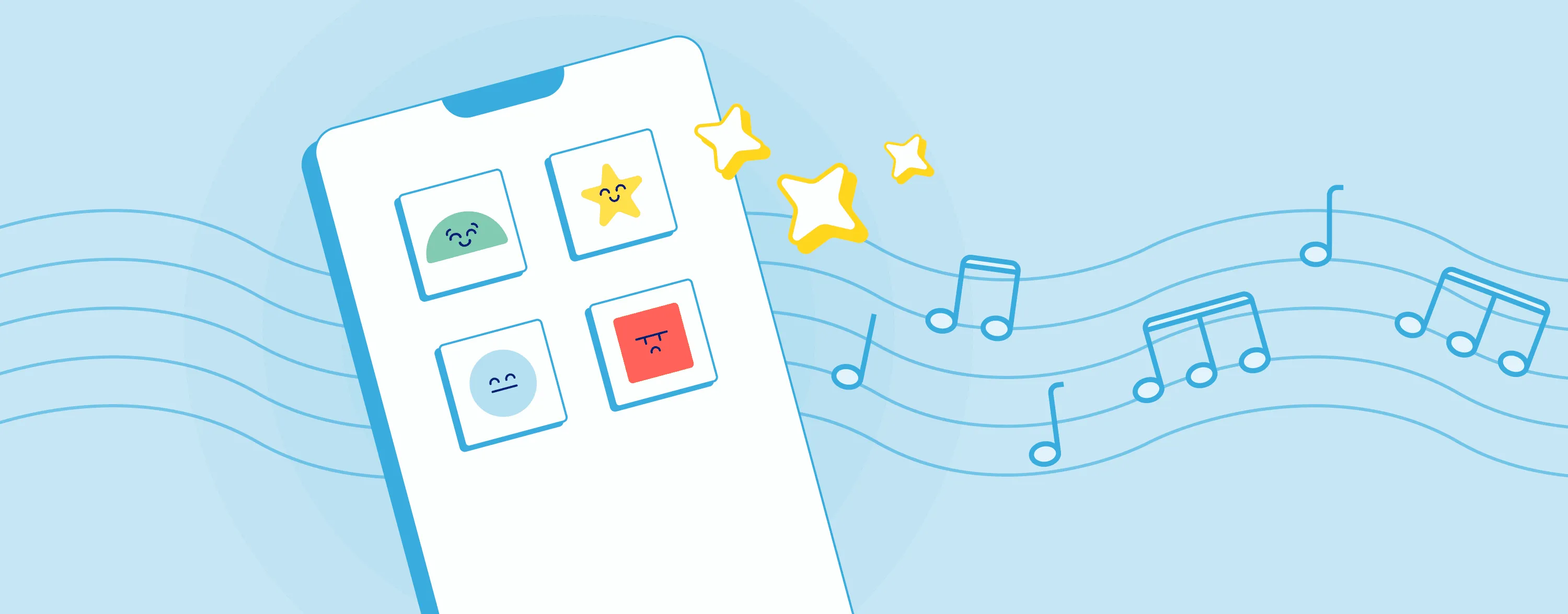 Phone with emoji cards, musical notes, and wave lines illustrating haptic feedback