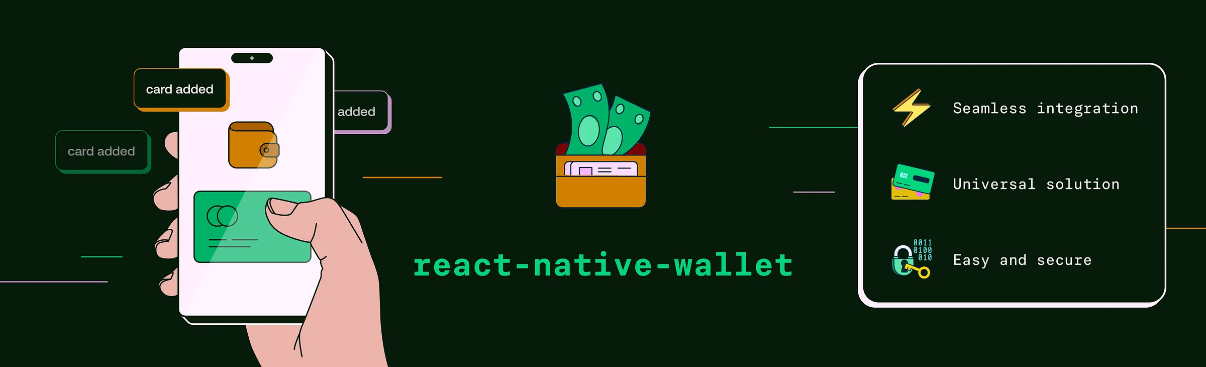 react-native-wallet illustration with a phone, wallet, and feature list