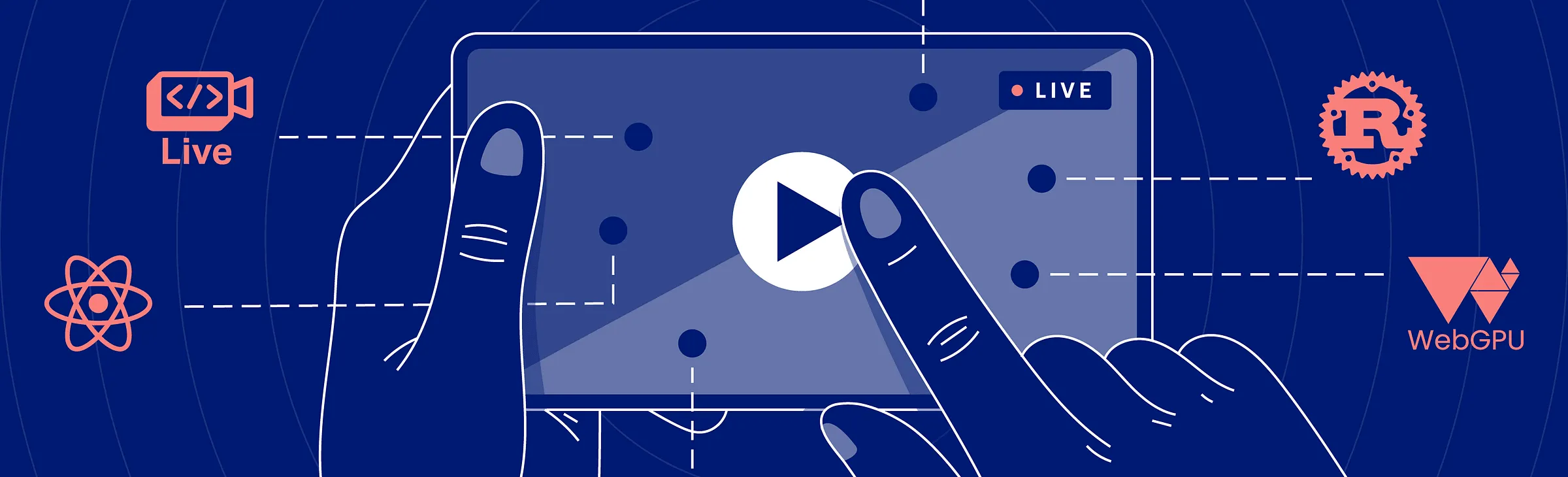Hands tapping a live video player with React, Rust, Live, and WebGPU icons around it