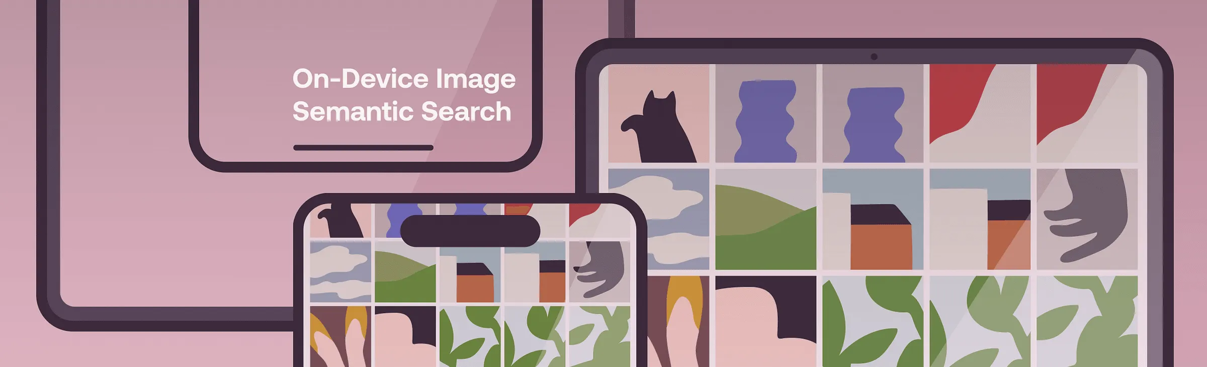 On-device image semantic search graphic with a phone and tablet showing a photo grid