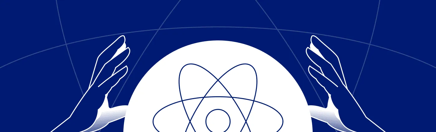 Crystal ball illustration with a React atom and hands