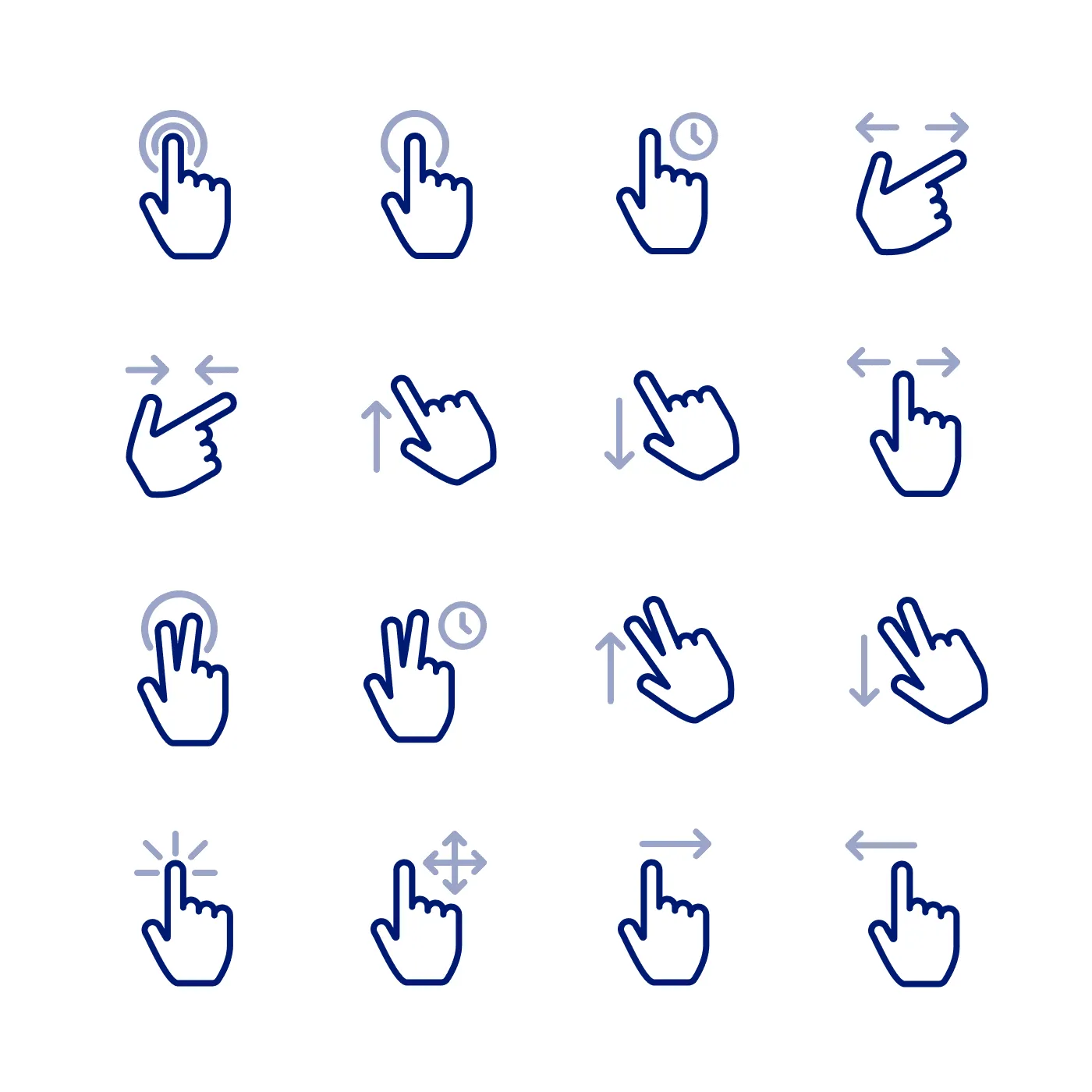 Grid of hand gesture icons for taps, swipes, and presses