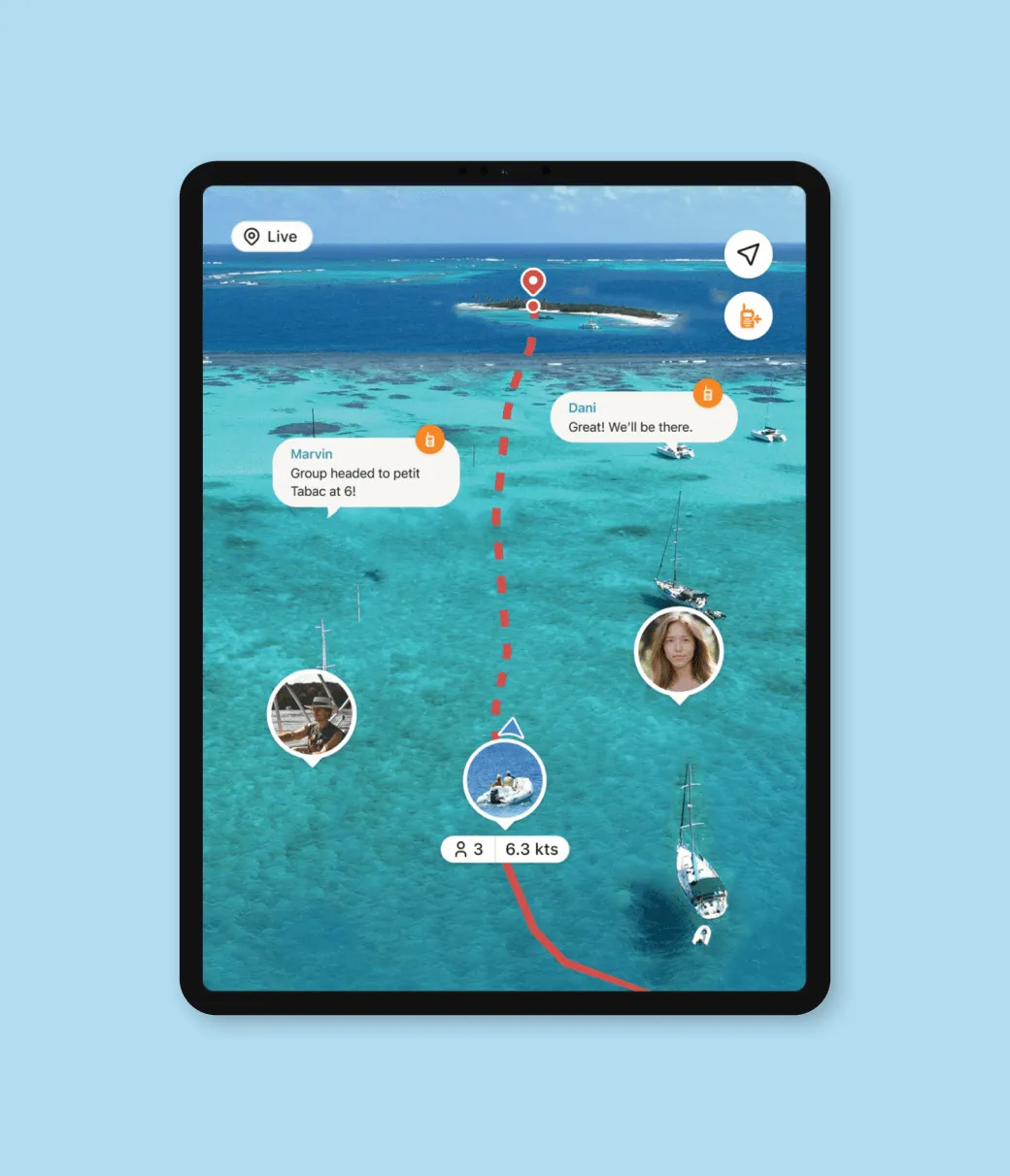 Tablet mockup showing the SeaPeople app with a live route across turquoise water, pinned destination, and group chat messages
