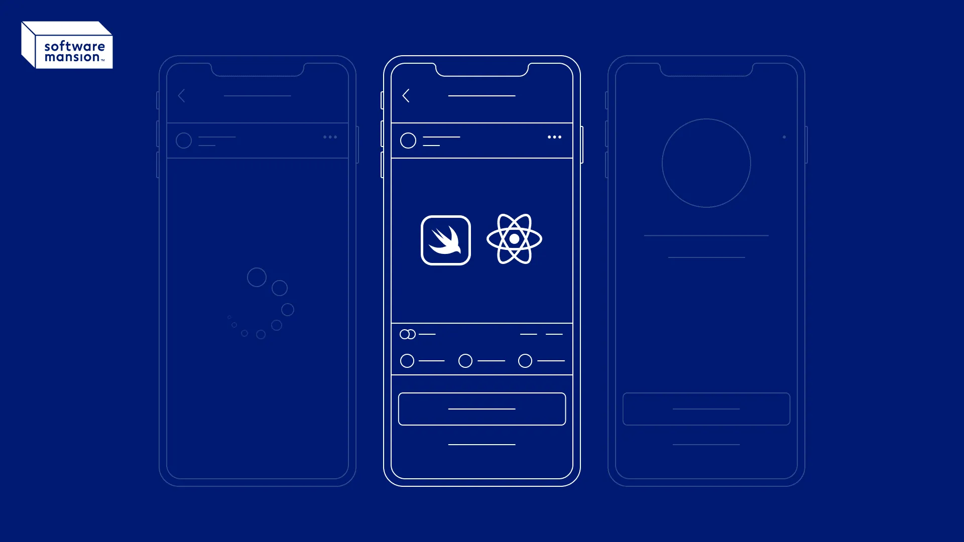 Three smartphone interface mockups with Swift and React logos