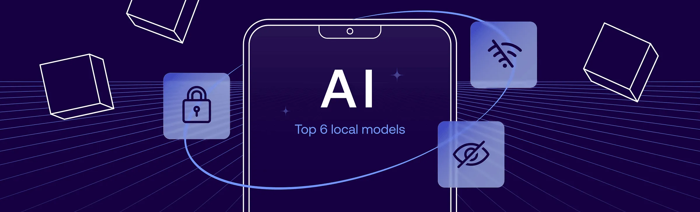 Phone displaying AI with privacy, offline, and hidden-visibility icons around it